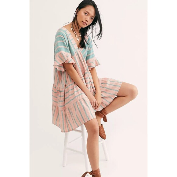 Free People Everyday Living Oversized Tunic Dress Striped Print Ruffle S 283137 - Picture 2 of 8